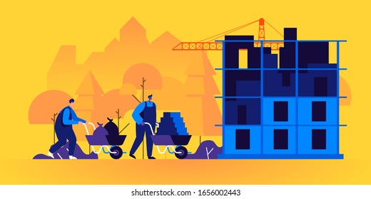 Builders working on construction site. Pair of workers using wheelbarrows to carry bricks and constructing building. City engineering, urban development. Modern flat cartoon vector illustration.