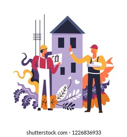 Los constructores que trabajan en la construcción de viviendas de lectura planean gráficos en rollos de papel vectores. Hombres planeando proyectos y reparando nuevas casas, trabajadores ocupados con el trabajo. Hojas y decoración folclórica