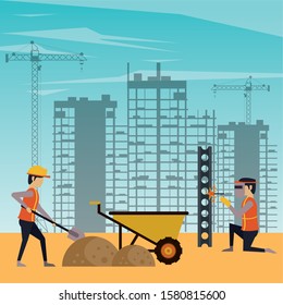 builders working under construction scene vector illustration design