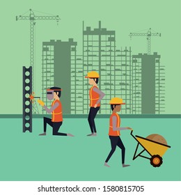 builders working under construction scene vector illustration design