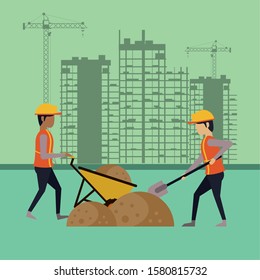 builders working under construction scene vector illustration design