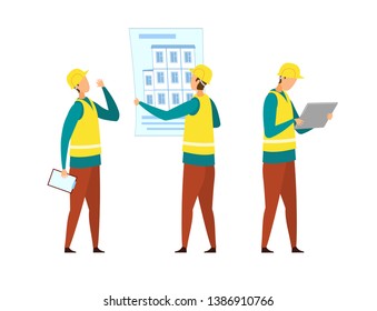 Builders in Yellow Vests Cartoon Characters Set. Building Business, Industry. Foreman with Clipboard Giving Orders, Engineer Checking Schematics. Construction Site Isolated Design Elements