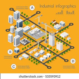 Building 3D industry construction of isometric infographics of flat design with urban landscape and industrial factory buildings and vector illustration