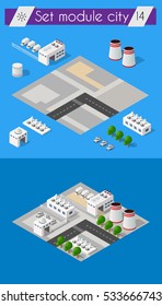 Building 3D industry construction for isometric infographics of flat design with urban landscape and industrial factory buildings and vector illustration