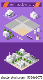 Building 3D industry construction for isometric infographics of flat design with urban landscape and industrial factory buildings and vector illustration