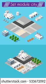 Building 3D industry construction for isometric infographics of flat design with urban landscape and industrial factory buildings and vector illustration