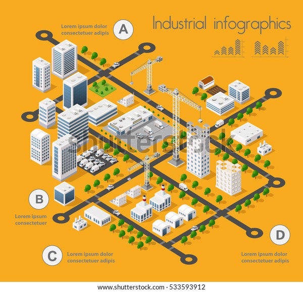 都市景観と工業工場の建物とベクターイラストを使用した平面図のアイソメインインフォグラフィックスの3d産業建設 のベクター画像素材 ロイヤリティフリー