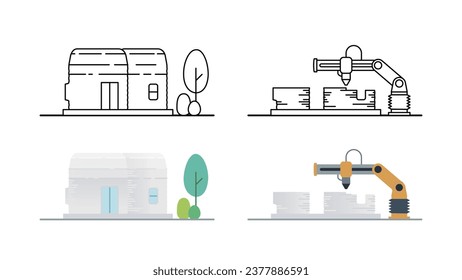 building 3D printed small houses with machine illustrations set