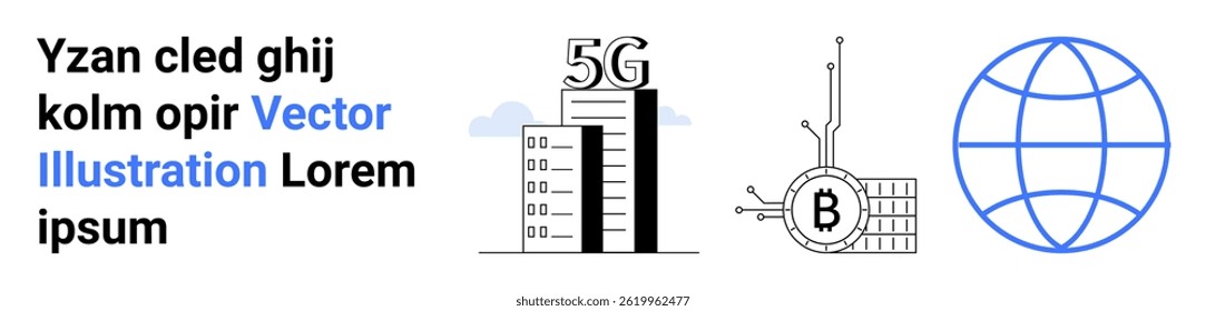 Building with 5G sign, circuit board with Bitcoin symbol, globe. Ideal for telecommunications, cryptocurrency, blockchain, internet, digital technology, global connectivity, and tech industry