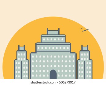 Building against the backdrop of the sun. Vector flat illustration. 