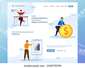 Building Amazing Software with Business Growth and Success Concept based Web Banner Design with Businessman Character.