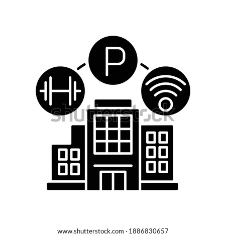Building amenities black glyph icon. Services in hotel. Wifi spot in apartment. Residential building with parking lot and gym. Silhouette symbol on white space. Vector isolated illustration
