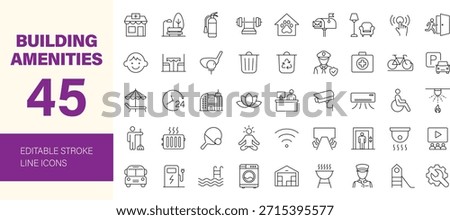 Building amenities icon set. Containing facility, parking, elevator, garden, security, reception and more. Editable line icons. Vector illustration.