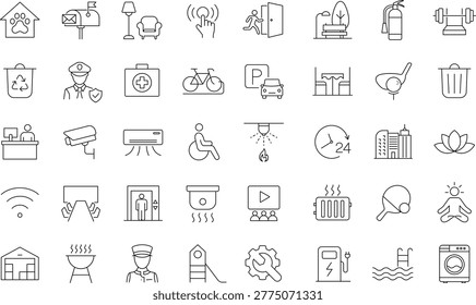Building amenities icon set. Editable line icons