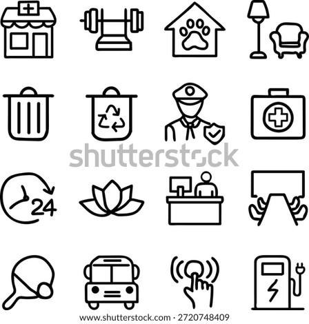 Building amenities icon set. Editable line icons. Vector illustration.
