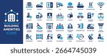 Building amenities icon set. Facilities, parking, elevator, garden, security, reception, swimming pool, concierge, pet friendly, gym and more. Solid vector icons collection.