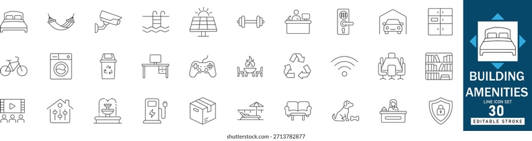 Building amenities line icon set featuring real estate apartment gym, hotel service pool, secure parking garage, and elevator facility vector symbols 
