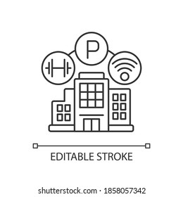 Building amenities pixel perfect linear icon. Services in hotel. Wifi spot in apartment. Thin line customizable illustration. Contour symbol. Vector isolated outline drawing. Editable stroke