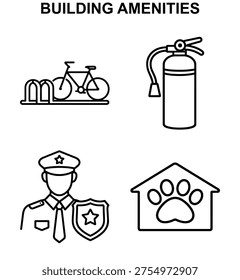 Building amenities vector icon set with building amenities bike parking fire safety security and pet friendly housing