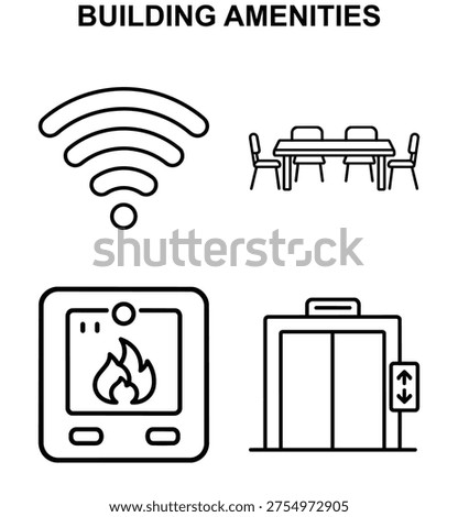 Building amenities vector icon set with building amenities wifi dining fireplace and elevator