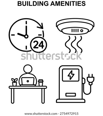 Building amenities vector icon set with building amenities 24 hour access smoke detector coworking and electric vehicle charging