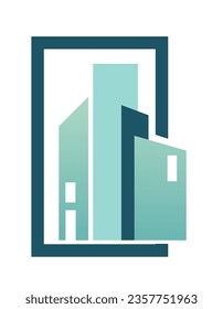 Building or apartment, isolated property or real estate agency icon or logotype. Home or houses construction, modern structure with panoramic windows, skyscrapers block. Vector in flat style