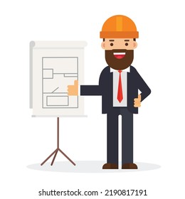Building or apartment plan on board. Cartoon man engineer or architect with construction project in hands.