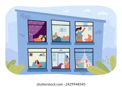 Building with apartments where people living together with pets. Vector illustration. Lots of people having dogs and cats and  taking care of them. Domestic animal, pet care concept