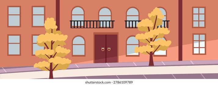 Building with Arch Windows and Balcony in Autumn. Residential Building. Classic Architecture Building. Autumn Building Exterior