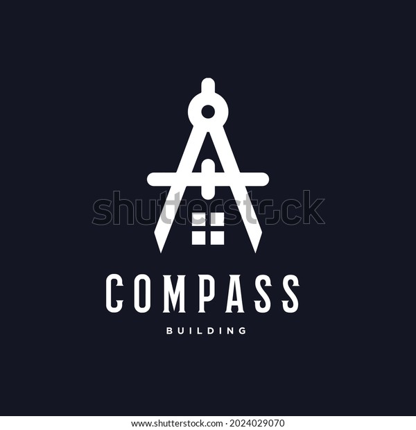 Building architectural logo\
design. Compass drawing tool with house creative logo vector\
illustration