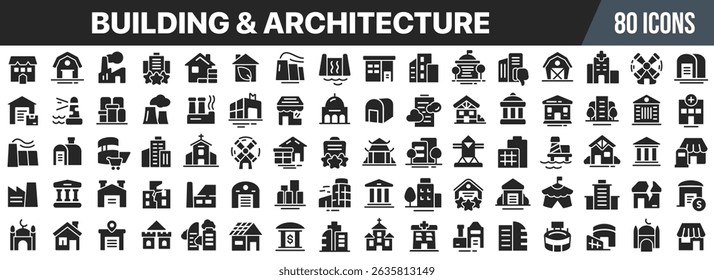 Building and architecture black icons collection. Big UI icon set in a flat design. Vector illustration EPS10