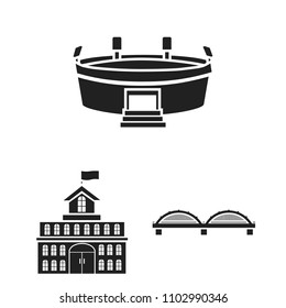 Building and architecture black icons in set collection for design. Construction and Institution vector symbol stock web illustration.