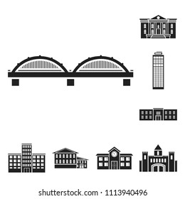 Building and architecture black icons in set collection for design. Construction and Institution vector symbol stock web illustration.