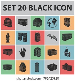 Building and architecture black icons in set collection for design.The building and dwelling vector isometric symbol stock web illustration.