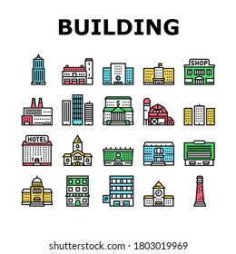Building Architecture Collection Icons Set Vector. Skyscraper And Bank, Hospital And Shop, Railway Station And Hotel, Church And Parking Building Color Contour Illustrations