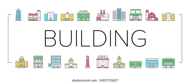 Building Architecture Collection Icons Set Vector. Skyscraper And Bank, Hospital And Shop, Railway Station And Hotel, Church And Parking Building Color Contour Illustrations