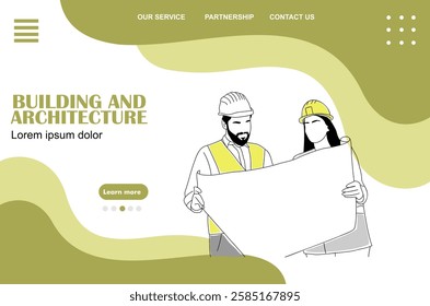 Building and architecture concept landing page. Website template with constructure managers, men and women looking to blueprint. Outline vector sketch drawing 