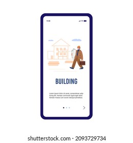 Building architecture and design bureau onboarding page design, flat cartoon vector illustration. Architecture and construction company mobile app screen.