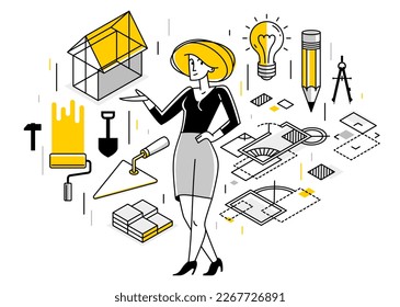 Building architecture designer vector outline trendy illustration, construction engineer working on a draft project, building plan for new house in progress.
