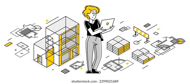 Building architecture designer vector outline trendy illustration, construction engineer working on a draft project, building plan for new house in progress.