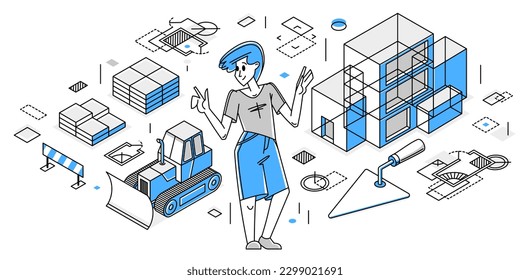 Building architecture designer vector outline trendy illustration, construction engineer working on a draft project, building plan for new house in progress.