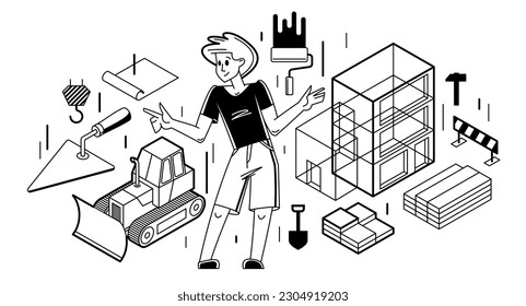 Building architecture designer vector outline trendy illustration, construction engineer working on a draft project, building plan for new house in progress.