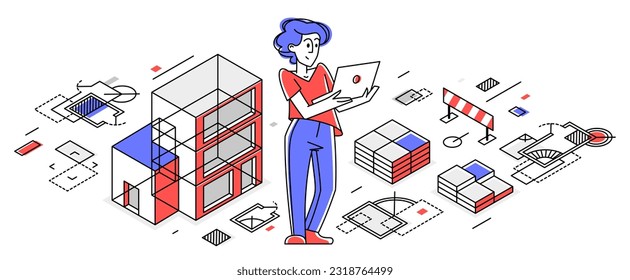 Building architecture designer vector outline trendy illustration, construction engineer working on a draft project, building plan for new house in progress.