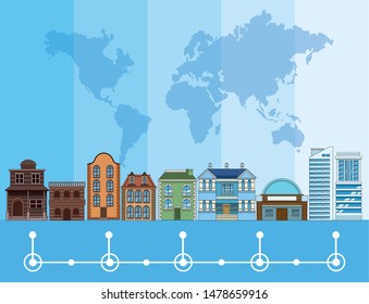 Building and architecture evolution timeline with round icons, world map background vector illustration graphic design