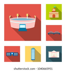 Building and architecture flat icons in set collection for design. Construction and Institution vector symbol stock web illustration.