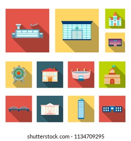 Building and architecture flat icons in set collection for design. Construction and Institution vector symbol stock web illustration.