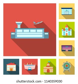 Building and architecture flat icons in set collection for design. Construction and Institution vector symbol stock web illustration.