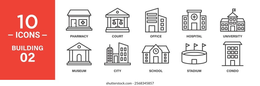 Building and Architecture Icon Set: 10 Editable Vector Icons Representing Hospitals, Schools, and Stadiums.