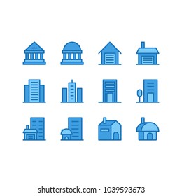 Building and architecture icon set vector isolated, with blue theme color