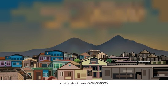 Building architecture landscape with mountain and clouds. Vector illustration for background design.